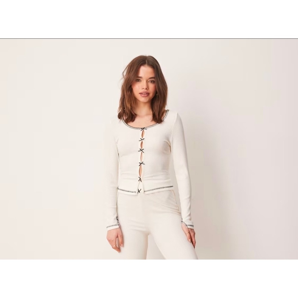 ASOS DESIGN Ribbed Pajama Cardigan Cream Front Bow Ties Long‎ Sleeve Sleep Top